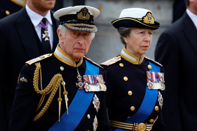 King Charles III and the Princess Royal arrive for the State Funeral of Queen Elizabeth II, held at Westminster Abbey, London. Picture date: Monday September 19, 2022.