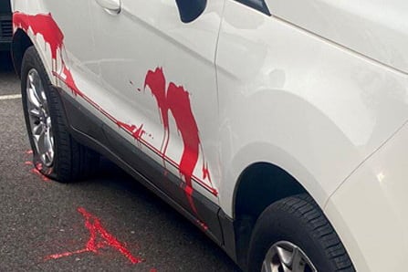 The red paint poured on the vehicle and slashed tyres. See SWNS story SWMRstalk. A stalker who drove from Devon to Sussex to slash a womans car tyres has been sentenced. Reece Chipperfield also poured red paint over the vehicle and left a threatening note on the windscreen during the 460-mile round trip. He had a professional working relationship with a former colleague at a hotel near Crawley between December 2021 and March 2022, however he quickly developed an infatuation with her.This included sending her an unwanted bracelet, contacting her work colleagues about her shift patterns without her permission and sending unwanted text messages.