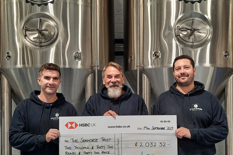 Left to Right: Jordan Mace, Managing Director of Salcombe Brewery Co., Neil Garrick-Maidment, Founder of The Seahorse Trust, Sam Beaman, Head Brewer of Salcombe Brewery Co.