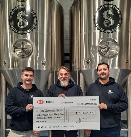 Left to Right: Jordan Mace, Managing Director of Salcombe Brewery Co., Neil Garrick-Maidment, Founder of The Seahorse Trust, Sam Beaman, Head Brewer of Salcombe Brewery Co.