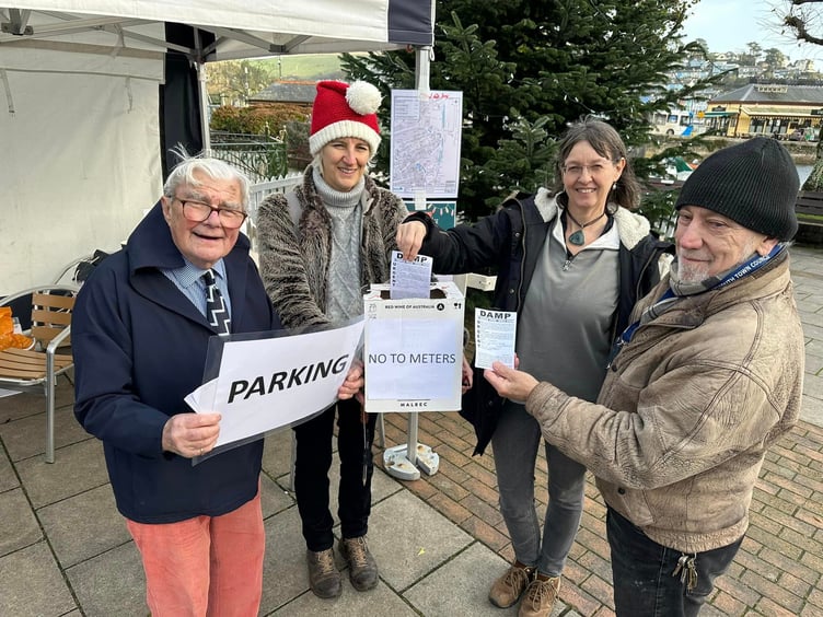Teddy Cranmer's campaign against the parking meters in Dartmouth Town centre L to R: Teddy Cranmer, Charlie Pritchard-Williams, Cllr Mandy Webber and Cllr Mike Rowley