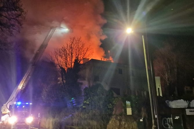 Firefighters tackling a blaze at the  derelict Coppice Hotel in Torquay last night.  ©Totnes Fire Station