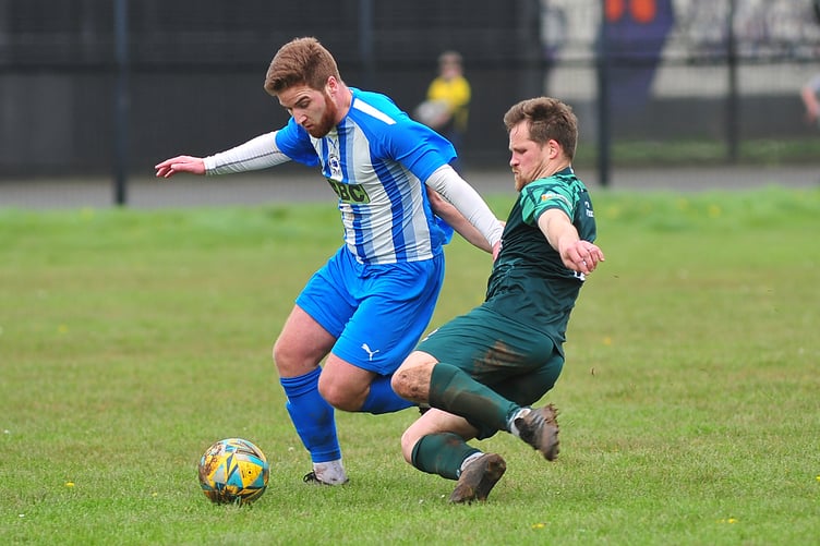 South Devon League football. Herald Cup clash with Newton Abbot 66 versus Buckfastleigh Rangers. Full time score of 3-1 in favour of 66.