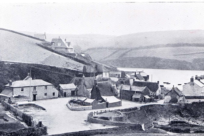 Outer Hope village, with St Clement's Church on the skyline.  House to the right of church was owned by Miss Wade and was the original part of the Cottage Hotel.
'The "original" part of The Cottage Hotel was once called "Hope Cottage" and belonged to Mr Tristram, c1914. The present day shop which here looks like a stable was a proper house in 1917.