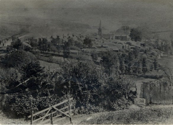 View of town and estuary from Plymouth Road, Kingsbridge (where hospital now is), looking south down the valley, showing backs of tenements on west side of Fore Street and church spire.