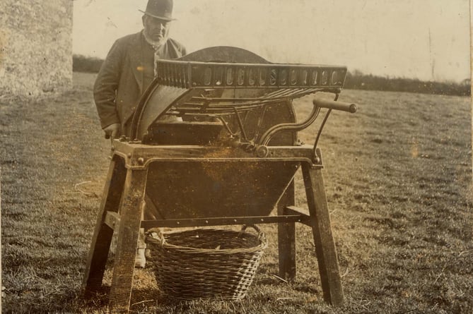 1890. Mr George Sandover, of Woolston, West Alvington, with his patent turnip cutter [designed and patented by himself in 1890) and a basket called a "maun(d )" to carry chopped turnip.
