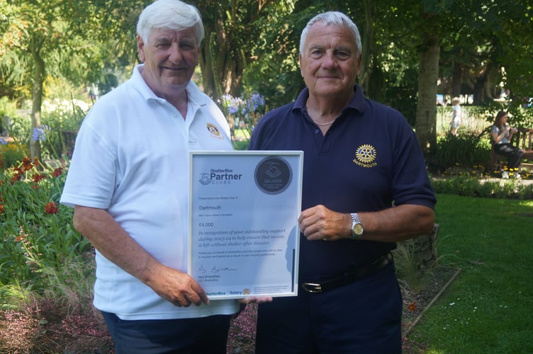 Pictured with the ShelterBox Silver award are Dartmouth Rotary’s 2023-24 president Hilary Bastone (left) and the club’s International Chairman Peter Goldstraw.