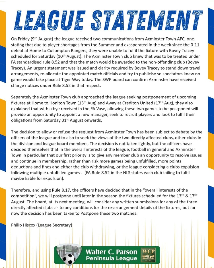 Peninsula League statement regarding Axminster Town AFC