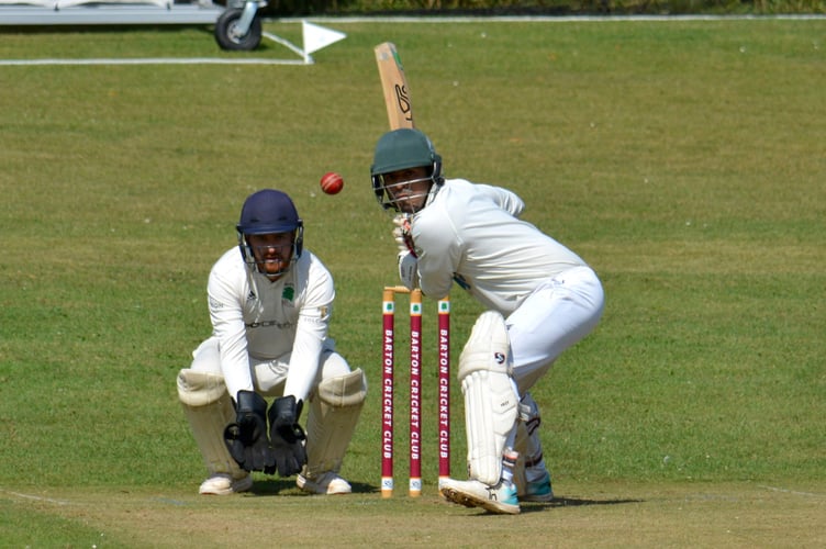 Stoke Gabriel batsman Abhishek Anand sizes up the Barton bowling