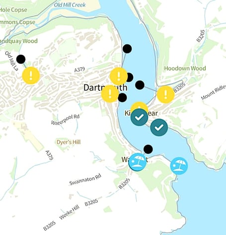 South West Water's WaterFit map showed the sites along the River Dart where storm overflows had been activated 