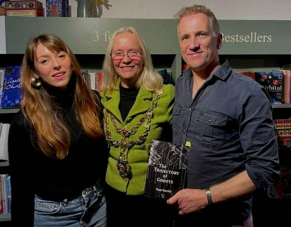 Totnes Mayor Cllr Emily Price with author Tom Vowler