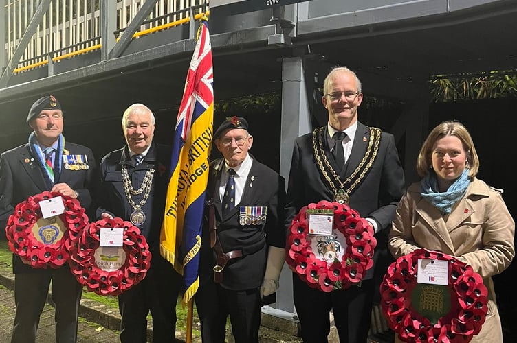 Rebecca Smith MP (right), Chair of South Hams District Council, Cllr Bernard Taylor, Ivybridge Town Council Mayor, Cllr Alan Spencer and veterans from RBL's Ivybridge branch