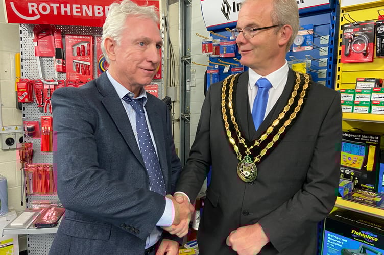 Managing director at Climate Controls and Spares, Brian Litchfield, with the mayor of Ivybridge, Alan Spencer