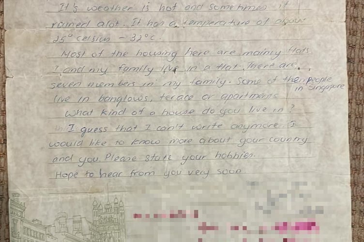 First letter sent by Alena to Chad. Photo released December 20 2024. A couple who met when they became pen pals as kids 7,000 miles apart are celebrating 30 years of marriage. Alena and Chad Benson first wrote to each other in 1986 - with no idea it would blossom into a life-long love story.Alena, from Singapore, then aged 17, initiated the exchange, writing to several people overseas - including Chad from Plymouth in Devon.Their letters continued through the 1980s and they also started exchanging cassette tapes of each other chatting - with more than 100 tapes sent between them.