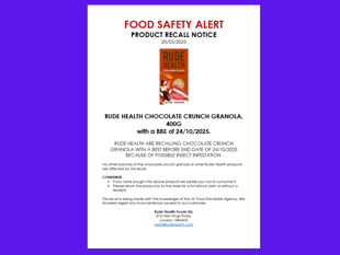 Rude Health Foods recalls granola