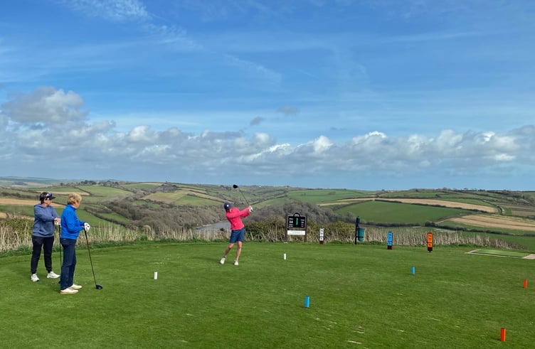 L-R on the 14th tee are Amanda Burchell, Joanne Shorrocks and Nikkie Kidd.