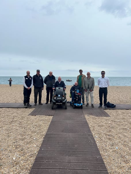 L-R  Roger English SDNL Team Manager, Sir Geoffrey Newman, Tim Moseley Vice Chair Stoke Fleming Parish Council,  Paul Narramore - Wheelchair Access Users group, Tony Hoile SF resident, Robert Newman,  Steve Lees The P