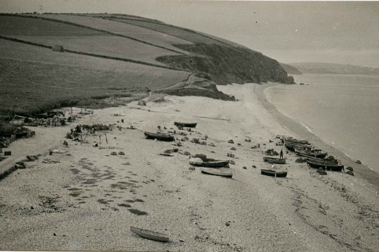 Boats pulled up on the beach at Hallsands in 1933