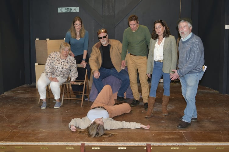 Extra drama as the cast of 'A Bunch of Amateurs' are shocked by the collapse of one of their number.
L-R: Sharon Hughes, Nat Cook, Tim McGill as Jefferson Steel, Guy Rapson, Kim Kidney and Alan Prince surround Imogen Blackwell on the floor.