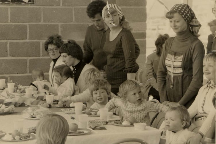Queens Silver Jubilee Tea in Malborough Village Hall 1977 Left to right, Adults: Clare Horswill, Sarah Fascione, Steve Fascione, Yvonne Pike, Val Fisher, Julie Rushmere Children: ? Horswill, Michelle Fascione, ?, Stephen Pike, Scott Fisher, Clare Rushmere