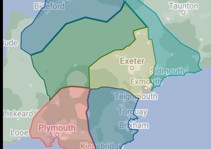 One suggestion of how Devon\'s political map could be redrawn (Image courtesy: TheExeterUrbanist/X)