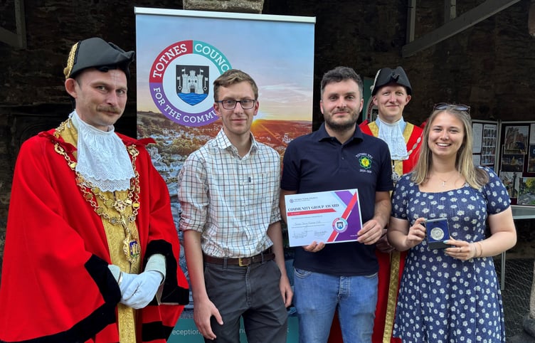 Totnes Community Awards (Left to right) Cllr Bennett, Dan Causey, Jamie Rogers, Cllr Trant and Eryn Harding. Young Farmers winners.