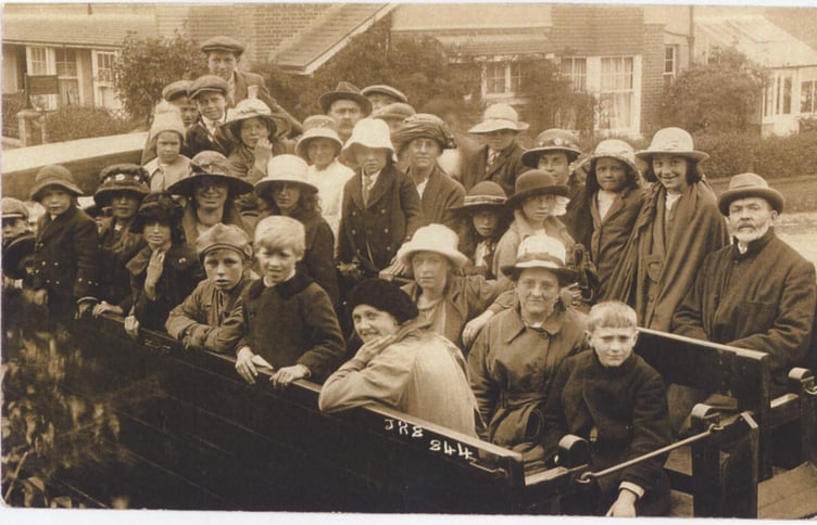 Aveton Gifford outing, around 1925-vehicle is a lorry bus, run either by Noyces or Trants of Kingsbridge