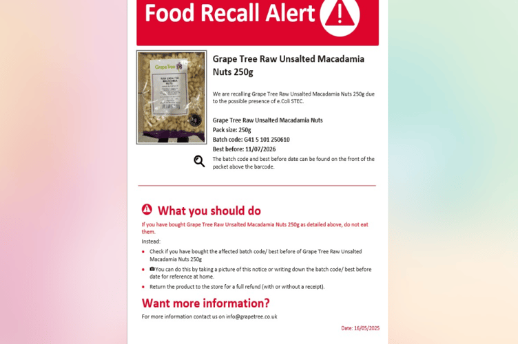 Grape Tree recalls Raw Unsalted Macadamia Nuts