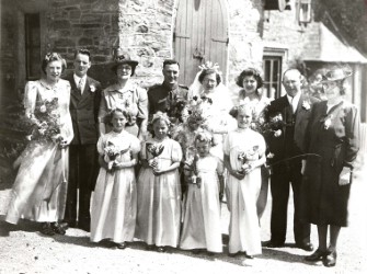 Wedding outside village hall, Loddiswell 1943