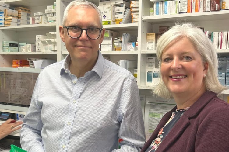 Craoline Voaden MP with Phil Dawes, owner of Modbury Pharmacy.