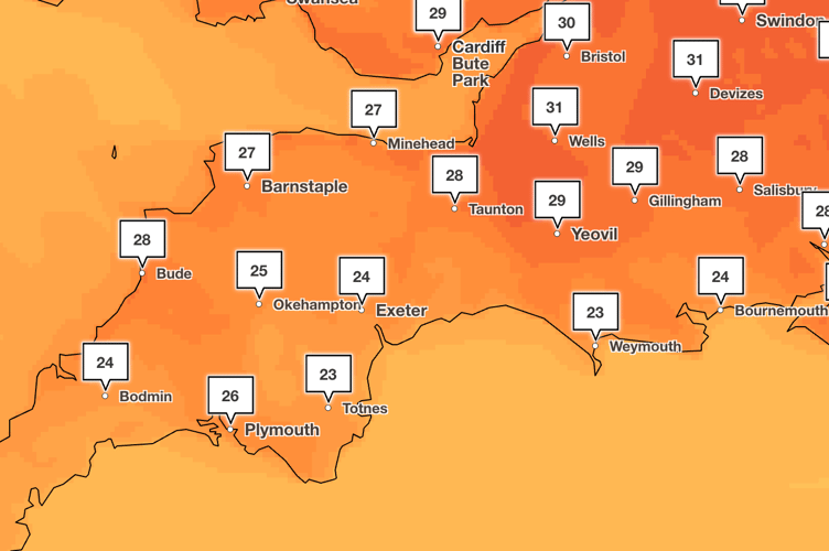 Met Office heat forecast for Devon on 19 June 2025.