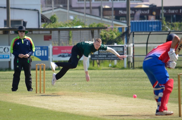 Cornwood captain Elliott Staddon bowling to opposite number Harry Ward early on in his three-wicket spell against Paignton