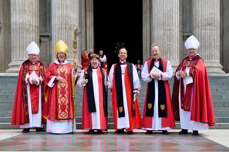 Bishop Moira, the new Bishop of Crediton, third left, following her consecration by the Bishop of London, the Rt Rev Dame Sarah Mullally, second left, and the Bishop of Exeter, the Rt Rev Dr Mike Harrison, fifth left, with other clergy who attended.
