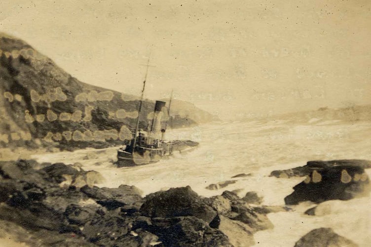 The wreck of the ocean-going tug boat "Joffre" which ran ashore off Bolt Tail May 28 1925