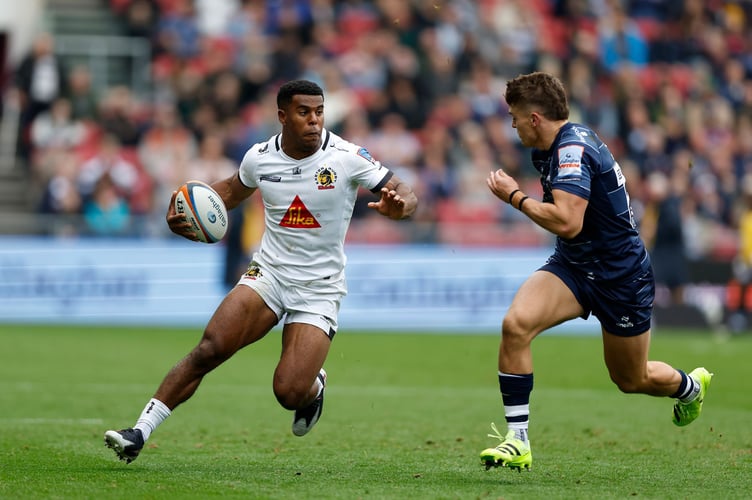 Exeter Chiefs winger Immanuel Feyi-Waboso looks to find a way past Bristol's Sam Jordan