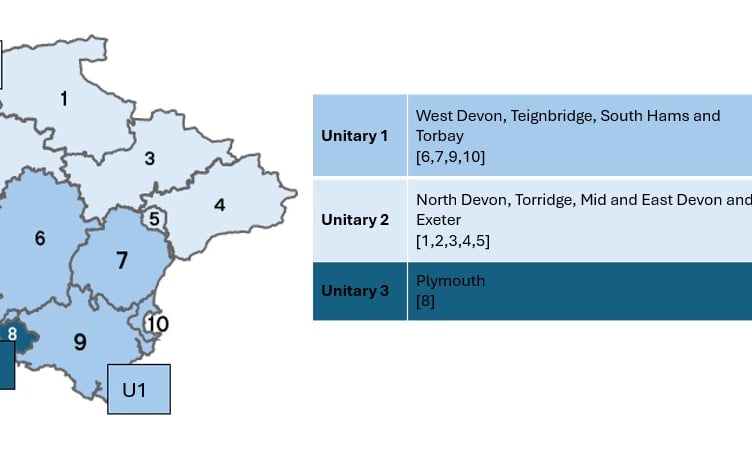 A map showing the breakdown of the 4-5-1 plan as it would look across Devon.