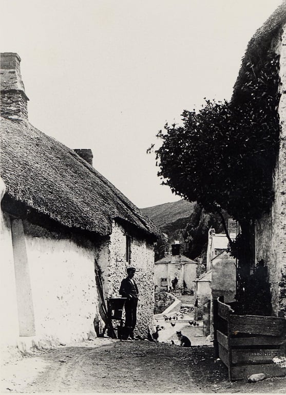 Village scene with man and cat and chickens. View south down the street at Hallsands