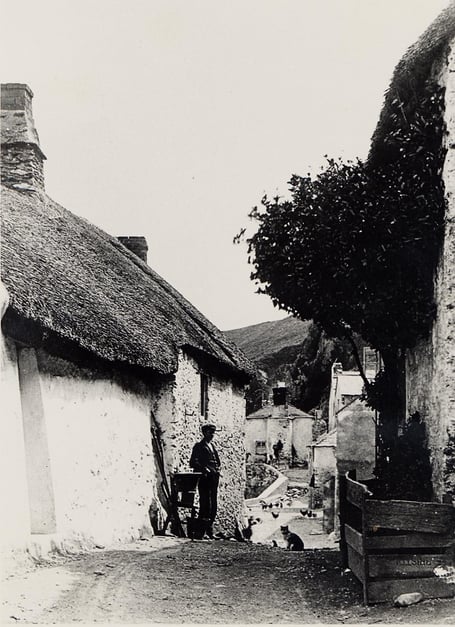 Village scene with man and cat and chickens. View south down the street at Hallsands