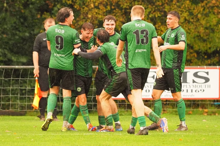 Ivybridge Town celebrate Josh Pope's goal against Clevedon