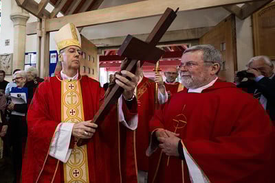 Bishop Nicholas Hudson (left) was formally installed to lead the Diocese of Plymouth on Saturday (November 29)