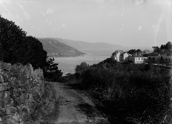 Salcombe - Bolt Head Hotel looking down valley towards South Sands and across to Prawle Point in the distance