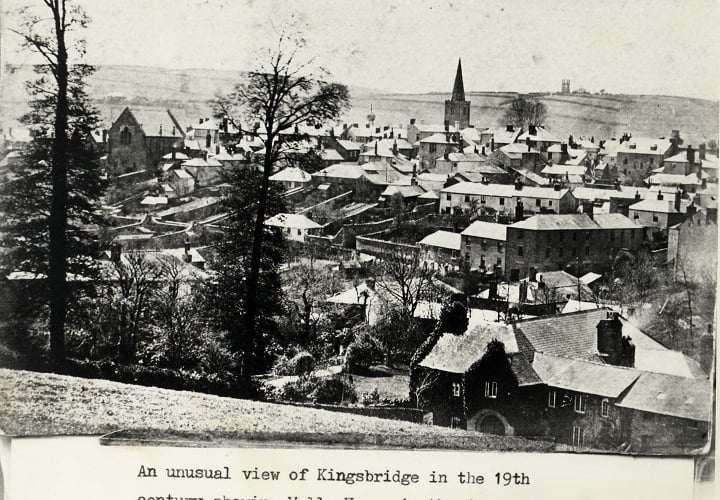 Kingsbridge - general view looking over Welle House towards St.Edmunds with tower of All Saint's, West Alvington on horizon around 1890 