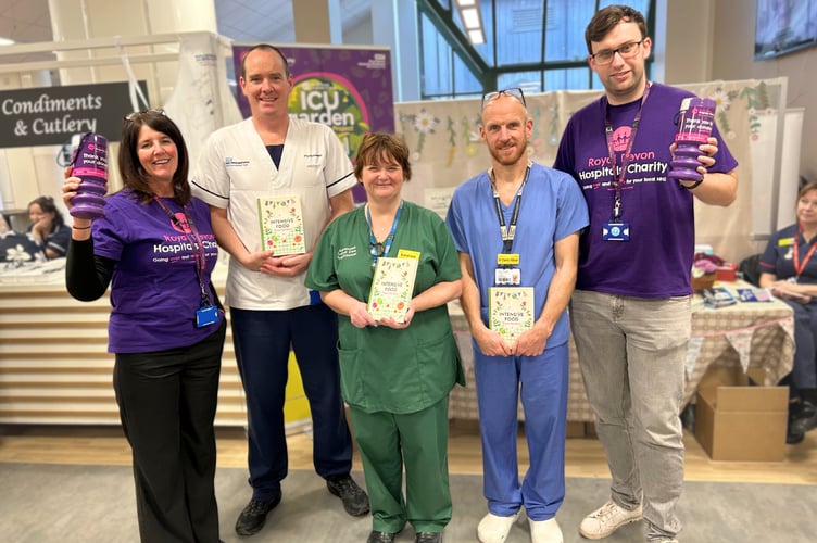 At the cook book launch, from left: Debbie Allen (Royal Devon Hospitals Charity Community Fundraiser), Andrew Lockwood (ICU Garden Project Lead and Trainee Advanced Clinical Practitioner Respiratory Physiotherapist), Louise Dalton (Cook book co-creator and Deputy Lead Advanced Critical Care Practitioner), Charly Gibson (ICU Clinical Lead Consultant) and Tom Darby-Clark (Royal Devon Hospitals Charity Assistant Fundraiser).
