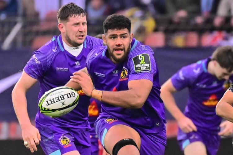 Exeter Chiefs forward Rus Tuima, supported by Lewis Pearson, looks to take on the Racing 92 defence during Sunday's Challenge Cup clash