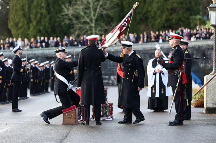 19th Dec 2025 - His Majesty The King consecrates new Colours, a silk White Ensign featuring the Kings Cypher. 

Nearly 55 years after he himself passed out of the same famous institution to begin his naval career, King Charles was Guest of Honour, celebrated the achievements of a new generation of cadets at Britannia Royal Naval College in Dartmouth.

On parade for the historic Lord High Admiralâs Divisions, watched by friends and family, were more than 190 cadets whoâd undergone the 29-week transformation from civilians to junior naval officers, as well as sailors promoted from the ranks, and international cadets who will go on to serve in the navies of the Bahamas, Kuwait, Malta, Oman, Qatar and UAE.

His Majesty was treated to a flypast upon arrival from DA20 Dassault Falcons before consecrating new Colours â a silk White Ensign featuring the Kingâs Cypher â which will be entrusted to the College. 

During Divisions, the King inspected UK and overseas cadets in the Royal Guard, and spoke with musicians from the Royal Marines Band, who performed the Collegeâs new march, Lead With Courage, commissioned to celebrate its 120th birthday this year.

Throughout his visit, The King was accompanied by First Sea Lord General Sir Gwyn Jenkins, who also spoke to the massed ranks:

âYou inherit a proud tradition of operational excellence,â he declared.

âIn an era of global uncertainty, our strength lies in leaders who can fight and win. Be that exceptional leader - decisive, resilient, and unwavering in service.â