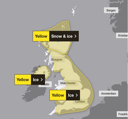 A yellow ice warning is in place for most of the UK.