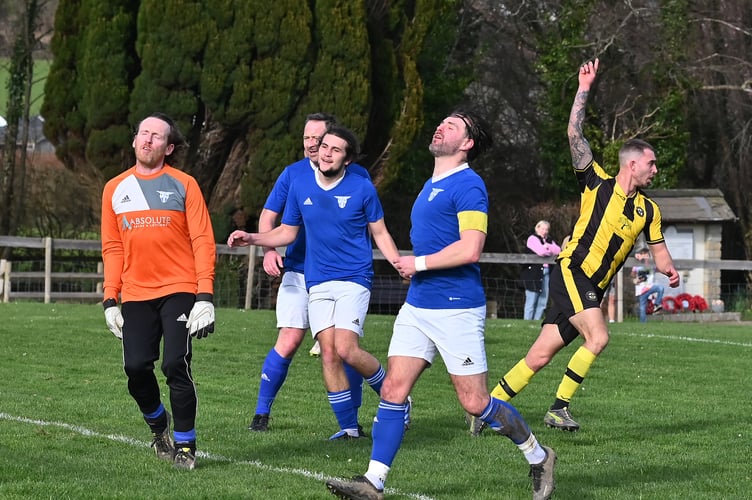 South Devon Football League Division 1, Match action from Liverton United versus Beesands Rovers. A nightmare for Liverton who were stung by ten goals to nil by their visitors from the South Hams