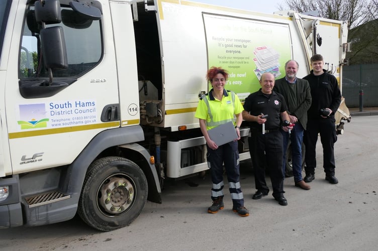 Pictured: Natasha Mcintosh from the South Hams waste team, Dave Harvey and Alfie Bull from Devon and Somerset Fire & Rescue Service, and South Hams Lead Executive Member for Waste, Cllr Julian Brazil