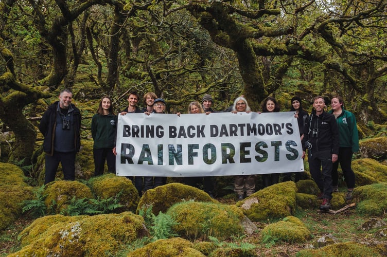 Restore Dartmoor's Rainforests campaigners with banner at launch
