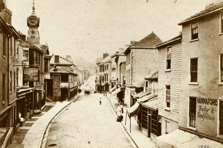 Fore Street, Kingsbridge - View to north. Wall hung street lamps not yet installed  around 1880 